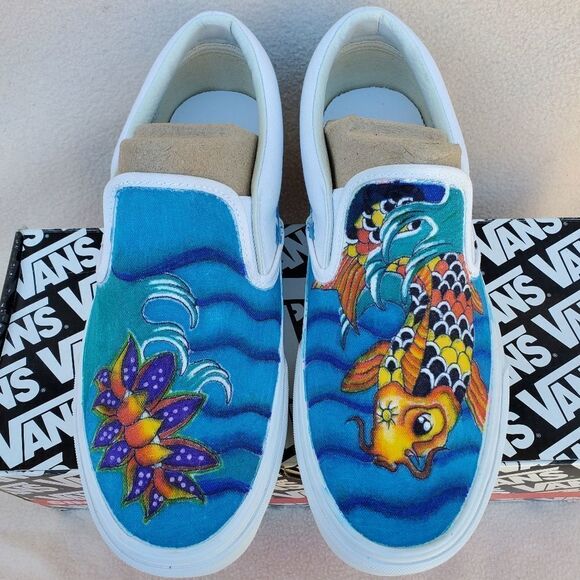 Hand Crafted Slip On Classic Vans with a Koi Fish and a Lotus Flower - Picture 1 of 11